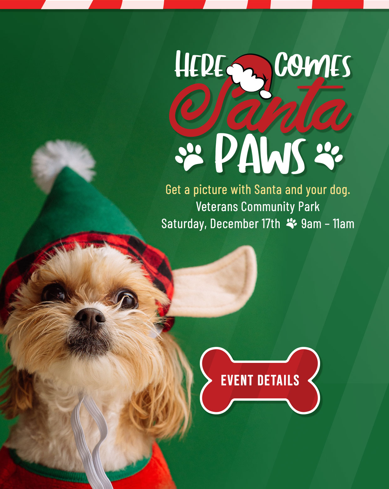 Here Comes Santa Paws, Get A Picture With Santa & Your Dog, Veteran Community Park Saturday, December 17th 9am – 11am
